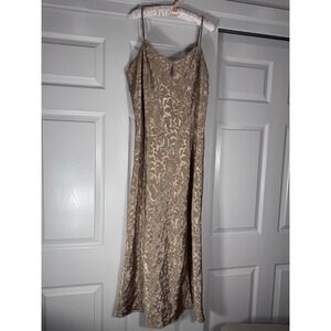 VTG Delicates Gold Champagne Damask Maxi Dress XL Braided Strap Front Slit Satin